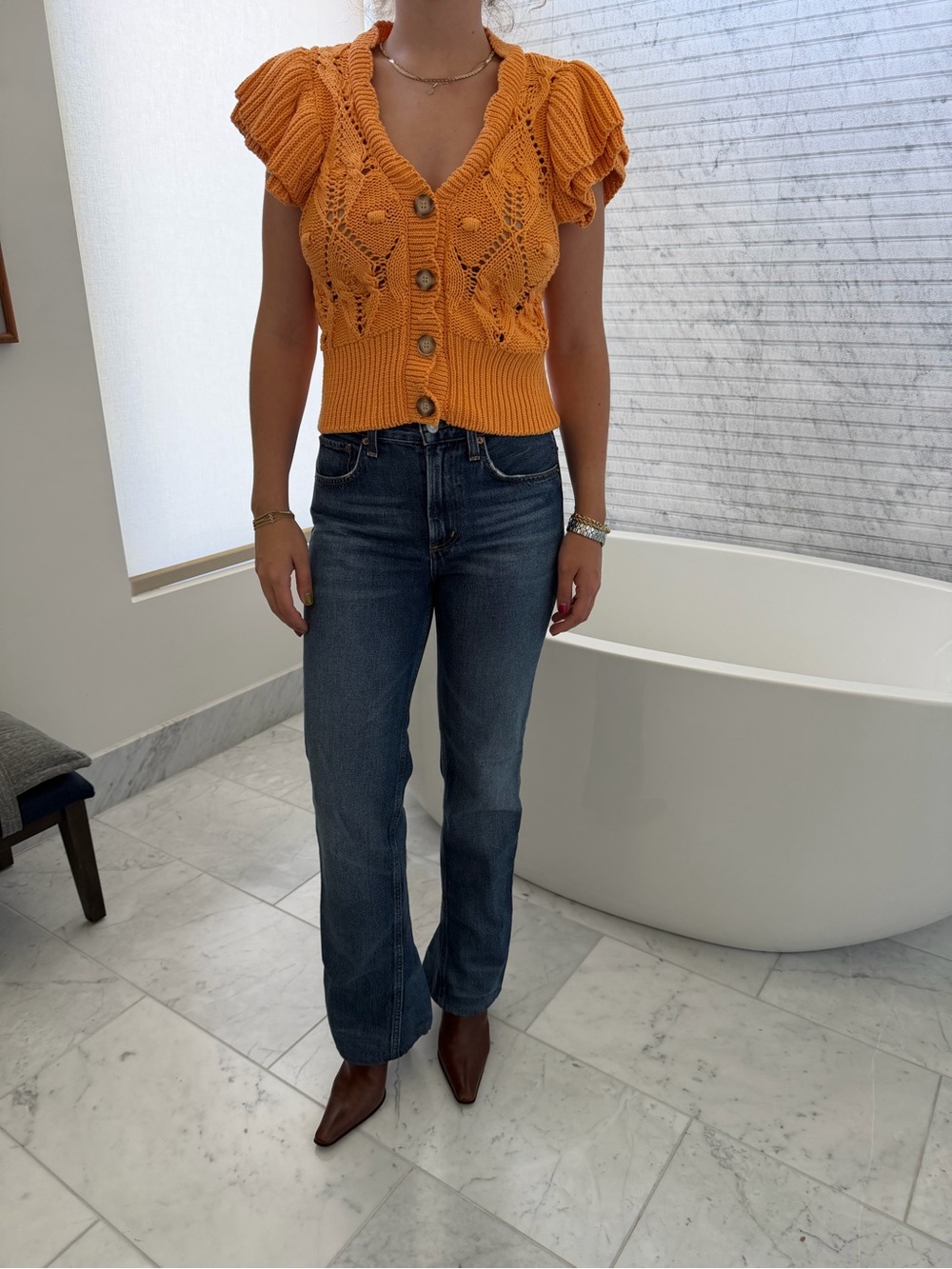 Zara button-down crochet top with ruffle sleeves